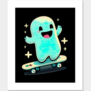 little kawaii ghost go skateboarding Posters and Art